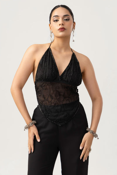 Sequin Top V Hem - Black