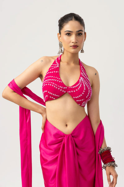Beaded Bandhani V Neck Top - Hot Pink